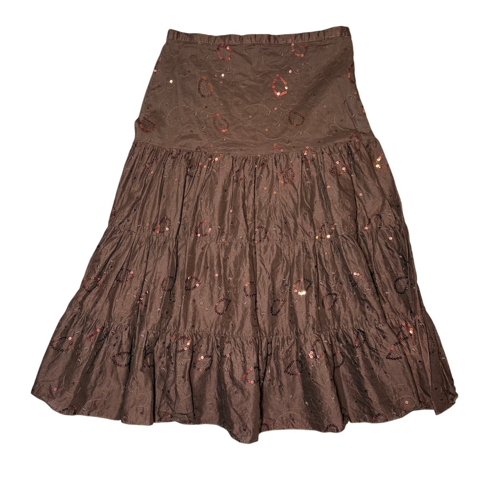 Y2K vtg Brown Sequin Paisley Tiered Cotton Midi Skirt Boho Western Size 9